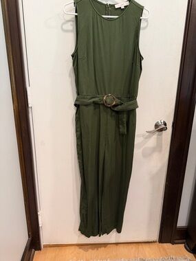 LOFT Olive Green Sleeveless Belted Jumpsuit with Round Buckle